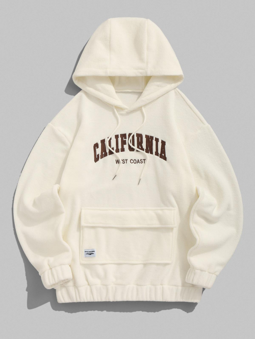 ZAFUL Men's ZAFUL Men's CALIFORNIA WEST COAST Embroidered Fuzzy Polar Fleece Flap Pocket Design Pullover Hoodie L White