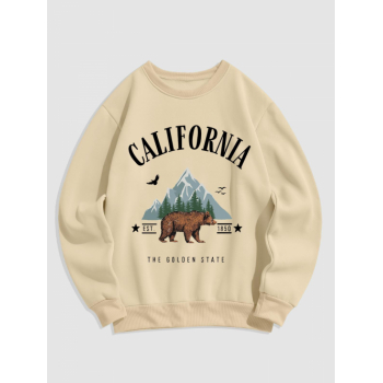 ZAFUL Men's Men's CALIFORNIA Mountain Bear Pattern Fleece-lined Crew Neck Pullover Sweatshirt L Light coffee