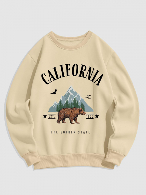 ZAFUL Men's Men's CALIFORNIA Mountain Bear Pattern Fleece-lined Crew Neck Pullover Sweatshirt L Light coffee