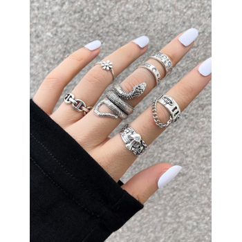 Women's 7Pcs Retro Style Metal Animal Snake Floral Shape Mushroom Butterfly Pattern Cuff Rings Set