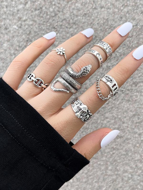 Women's 7Pcs Retro Style Metal Animal Snake Floral Shape Mushroom Butterfly Pattern Cuff Rings Set