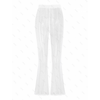 Women Beach Women's Sexy Beach Crochet Openwork See Thru Solid Color High Waist Pull On Swim Cover Up Flare Pants M White