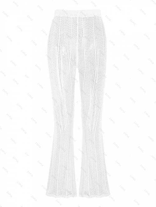 Women Beach Women's Sexy Beach Crochet Openwork See Thru Solid Color High Waist Pull On Swim Cover Up Flare Pants M White