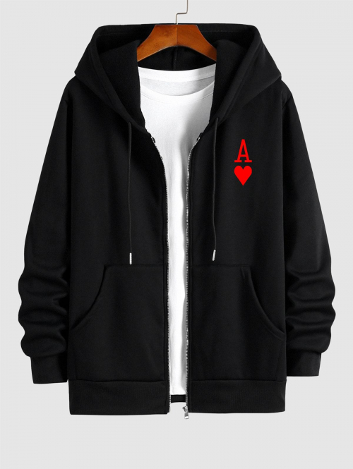 ZAFUL Men's Men's Playing Card Pattern Fleece-lined Zip Fly Front Pocket Design Hoodie L Black