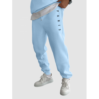 ZAFUL Men's Men's PARIS Pattern Fuzzy Fleece-lined Drawstring Jogger Sweat Pants M Light blue