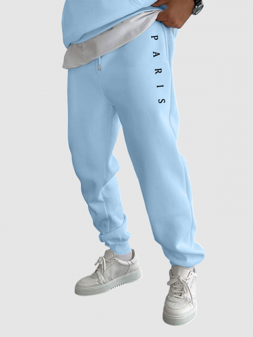 ZAFUL Men's Men's PARIS Pattern Fuzzy Fleece-lined Drawstring Jogger Sweat Pants M Light blue