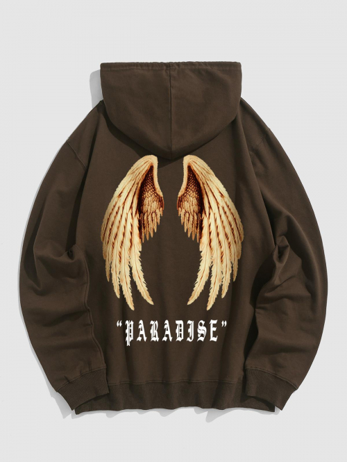 ZAFUL Men's Men's Gothic Style Letter PARADISE Wings Pattern Kangaroo Pocket Pullover Hoodie L Deep coffee