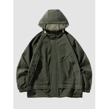 ZAFUL Men's Men's Daily Topstitching Design Zippered Pockets Toggle Drawstring Hooded Zip Up Windbreaker Jacket 2xl Army green