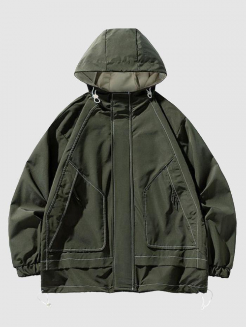 ZAFUL Men's Men's Daily Topstitching Design Zippered Pockets Toggle Drawstring Hooded Zip Up Windbreaker Jacket 2xl Army green