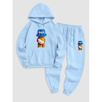 ZAFUL Men's Men's Cartoon Bear SPACE Graphic Pattern Thermal Fleece-lined Kangaroo Pocket Pullover Hoodie and Drawstring Jogger Pants Sports Set 2xl L