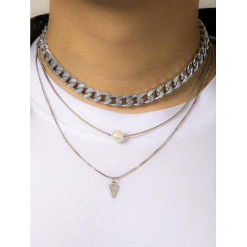 3Pcs Faux Pearl V Pendant Necklaces