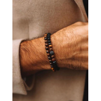 Men's 2Pcs Tiger's Eye Grinding Stone and Copper Microinlaid Zircon Beads Elastic Bracelets