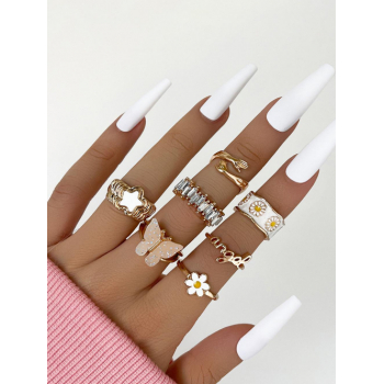 Women's 7Pcs Butterfly Daisy Letter Hand Hug Pattern Rings Set