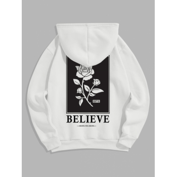 ZAFUL Men's Men's BELIEVE Rose Pattern Thermal Fleece-lined Kangaroo Pocket Pullover Hoodie M White