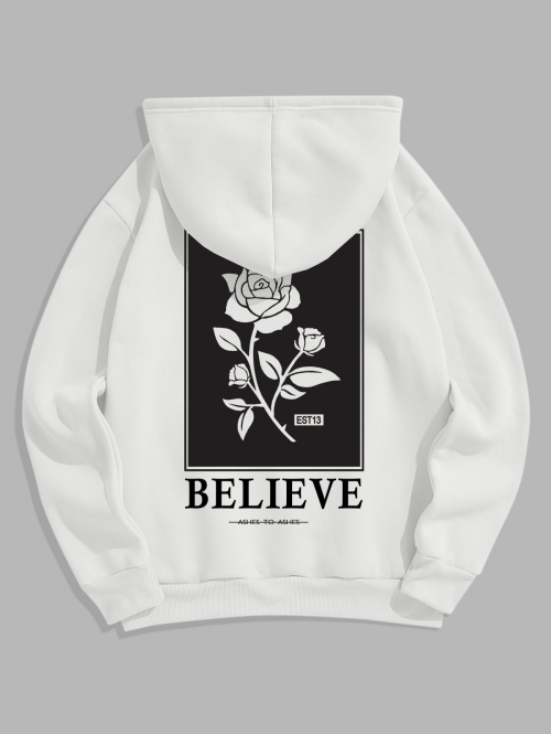 ZAFUL Men's Men's BELIEVE Rose Pattern Thermal Fleece-lined Kangaroo Pocket Pullover Hoodie M White