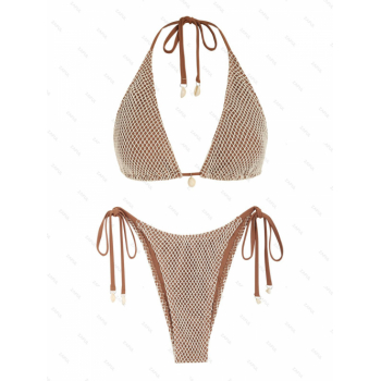 ZAFUL Women's Matching Multiway Contrast Fishnet Tie Convertible Collar Halter Bandeau Shell Decorated Tie Side Tanga Two Piece Bikini Swimwear S Coff