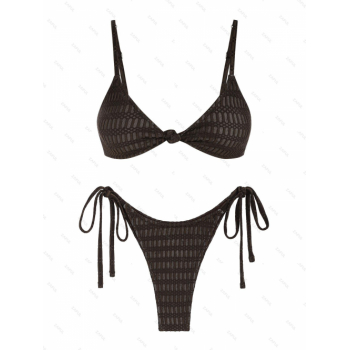 ZAFUL Women's Sexy Lace Textured Knot Spaghetti Strap Tie Side Tanga String Bikini Set Matching Two Piece Swimwear M Deep coffee