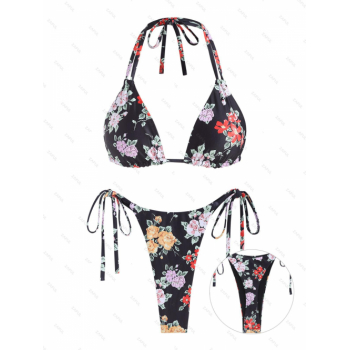 ZAFUL Women's Multi Way Reversible Convertible Floral Print Halter Tie Side String Thong Bikini Set Matching Two Piece Swimwear M Black