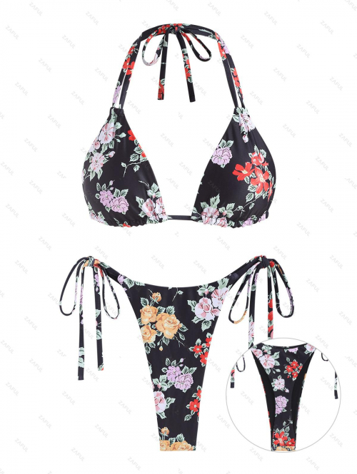 ZAFUL Women's Multi Way Reversible Convertible Floral Print Halter Tie Side String Thong Bikini Set Matching Two Piece Swimwear M Black