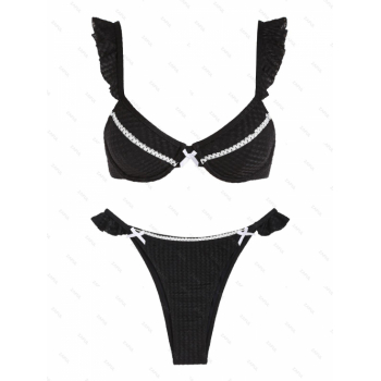 ZAFUL Women's Sexy Underwire Textured Lace Trim Bow Decor Ruffles Tanga Two Piece Swimwear Bikini Set M Black