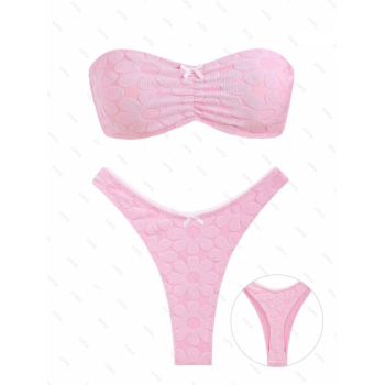 ZAFUL Women's Lace Up High Leg Floral Jacquard Textured Terry Cloth Toweling Ruched Bow Decor Thong Bandeau Two Piece Swimwear Bikini Set S Light pink