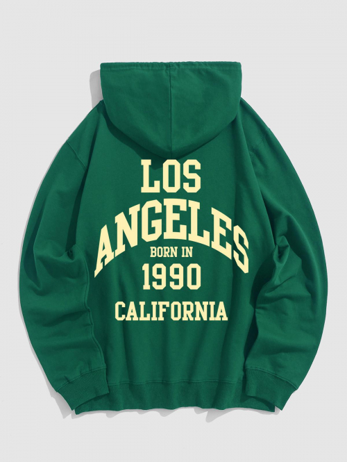 ZAFUL Men's Men's Vintage LOS ANGELES Letter 100% Cotton Kangaroo Pocket Hoodie L Deep green