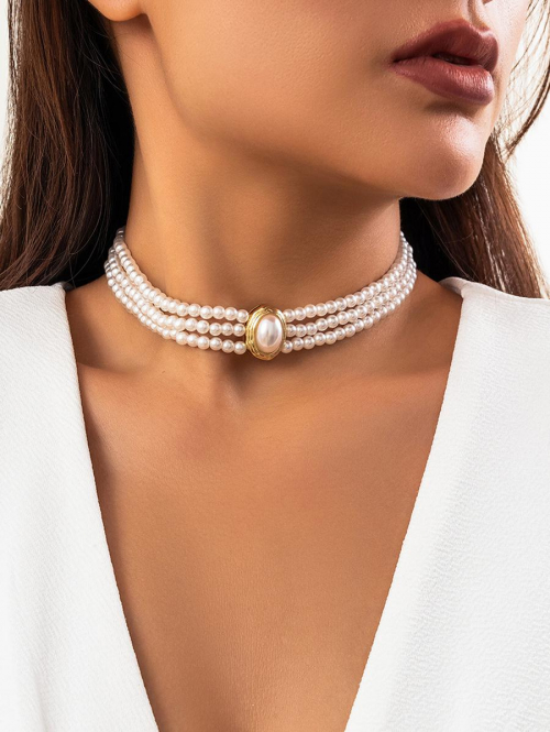 Women's Retro Elegant Faux Pearl Layered Choker Necklace For Women