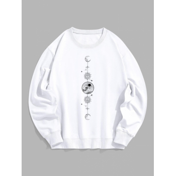 ZAFUL Men's Men's Star Moon Sun Pattern Crew Neck Pullover Sweatshirt M White