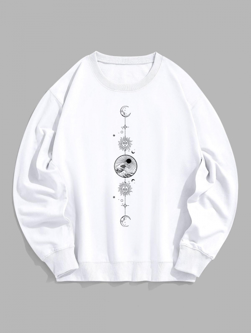 ZAFUL Men's Men's Star Moon Sun Pattern Crew Neck Pullover Sweatshirt M White