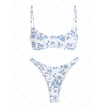 ZAFUL Women's Sexy Two Piece Swimwear Floral Print Adjustable Spaghetti Strap Picot Trim High Leg Cheeky Tank Style Bikini Set S Blue