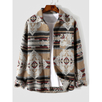 ZAFUL Men's ZAFUL Men's Vintage Ethnic Aztec Geometric Print Pocket Design Woolen Shacket Jacket L Coffee