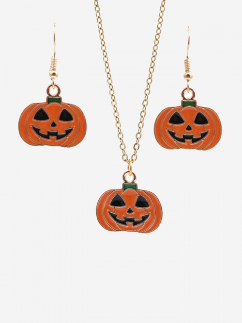 Halloween Pumpkin Pendant Necklace Earrings Set For Women