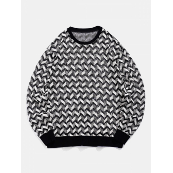 ZAFUL Men's ZAFUL Men's Daily Zig Zag Stripes Pointelle Openwork Design Crew Neck Long Sleeve Knitwear L Black