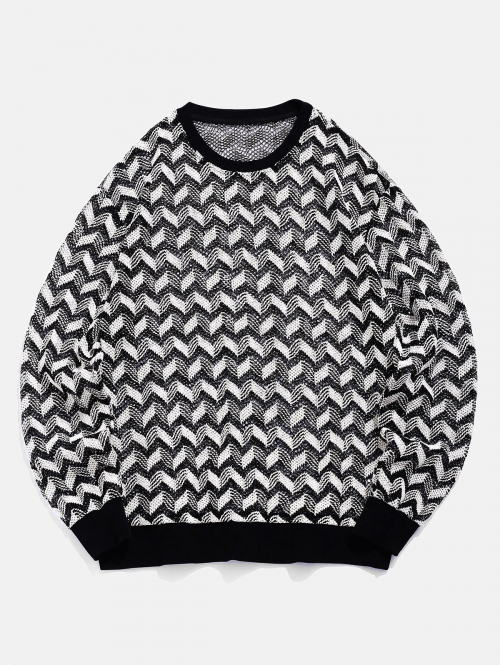 ZAFUL Men's ZAFUL Men's Daily Zig Zag Stripes Pointelle Openwork Design Crew Neck Long Sleeve Knitwear Xxl Black