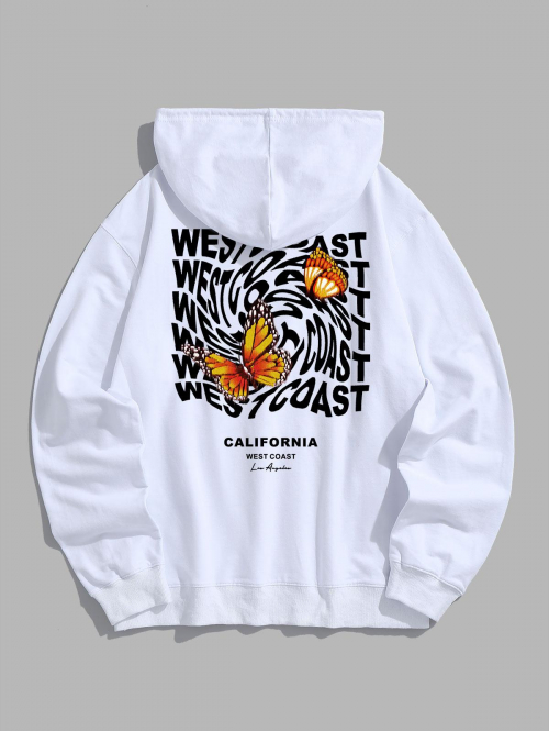 ZAFUL Men's Men's Butterflies WEST COAST Letter Graphic Pattern Kangaroo Pockets Design Pullover Hoodie 2xl White