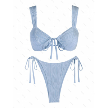 ZAFUL Women's Textured Cinched Tie Straps Tanga Swimwear Bikini Set L Light blue