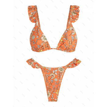 ZAFUL Women's Ruched Floral Print Ruffles Triangle Tanga Bikini Set Two Piece Swimwear S Dark orange