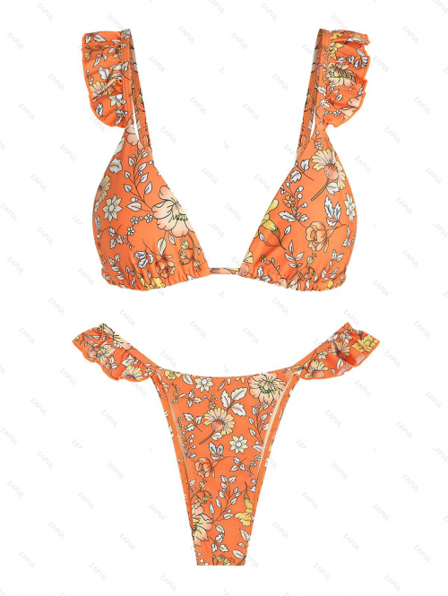 ZAFUL Women's Ruched Floral Print Ruffles Triangle Tanga Bikini Set Two Piece Swimwear S Dark orange