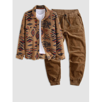 ZAFUL Men's Vintage Ethnic Aztec Geo Print Polar Fleece Fluffy Shacket Winter Shirt Drawstring Corduroy Jogger Pants Two Piece Set Coffee