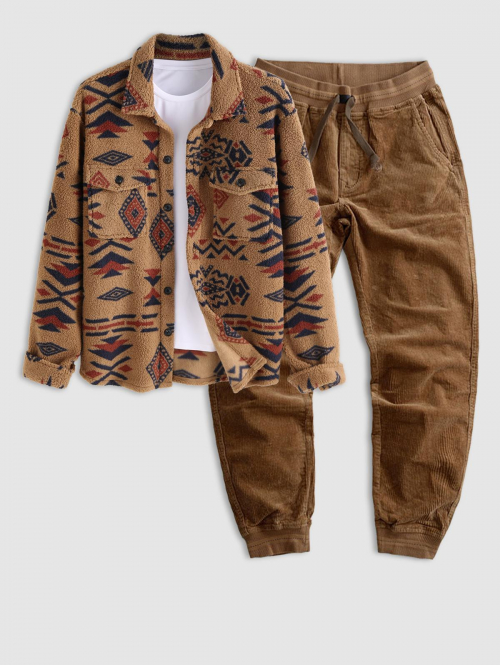 ZAFUL Men's Vintage Ethnic Aztec Geo Print Polar Fleece Fluffy Shacket Winter Shirt Drawstring Corduroy Jogger Pants Two Piece Set Coffee