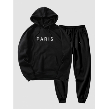 ZAFUL Men's Men's Basic Minimalist Style PARIS Pattern Kangaroo Pocket Fleece-lined Hoodie and Drawstring Beam Feet Jogger Pants Set L Black