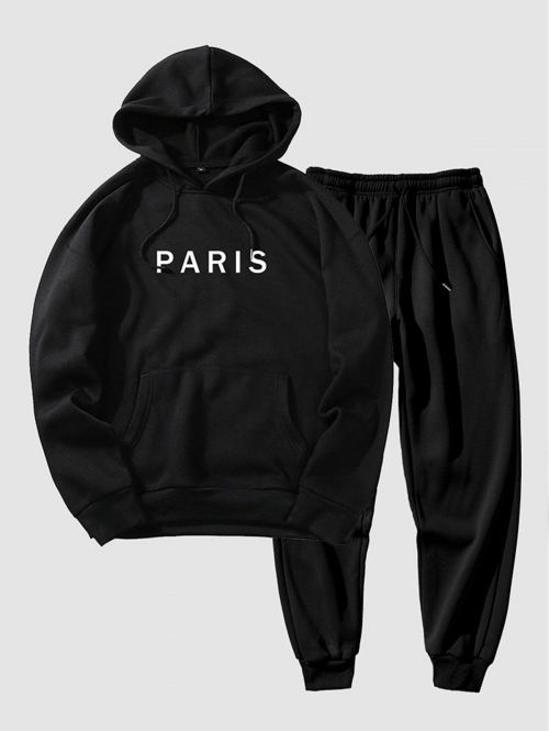 ZAFUL Men's Men's Basic Minimalist Style PARIS Pattern Kangaroo Pocket Fleece-lined Hoodie and Drawstring Beam Feet Jogger Pants Set Xxl Black