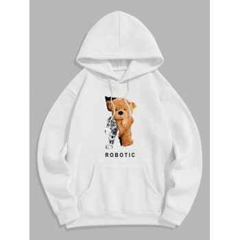 ZAFUL Men's Men's Cartoon Bear ROBOTIC Graphic Pattern Fleece-lined Kangaroo Pocket Pullover Hoodie L White