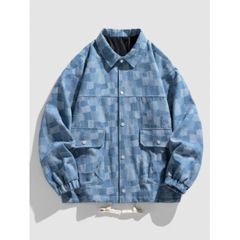 ZAFUL Men's Men's Colorblock Checked Drawstring Pocket Turn Down Collar Streetwear Denim Jacket 2xl Light blue