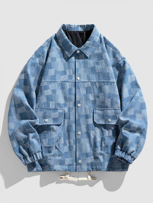 ZAFUL Men's Men's Colorblock Checked Drawstring Pocket Turn Down Collar Streetwear Denim Jacket 2xl Light blue