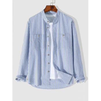 ZAFUL Men's ZAFUL Men's Casual Vertical Striped Cotton and Linen Textured Stand Collar Pocket Patch Design Button Front Long Sleeves Shirt S Light blu