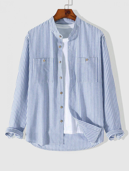 ZAFUL Men's ZAFUL Men's Casual Vertical Striped Cotton and Linen Textured Stand Collar Pocket Patch Design Button Front Long Sleeves Shirt S Light blu