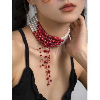 Gothic Style Blood Drop Multi-layered Faux Pearl Choker Necklace For Women