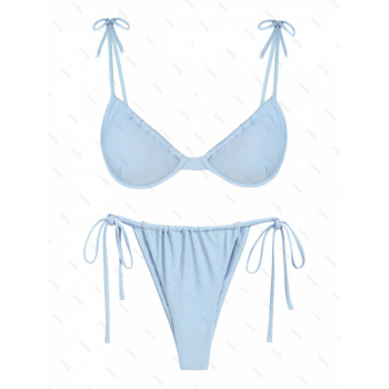 ZAFUL Women's Underwire Tie Shoulder Ruched Solid Color Loincloth Ruched Tie Side Tanga String Swimwear Bikini Set S Light blue