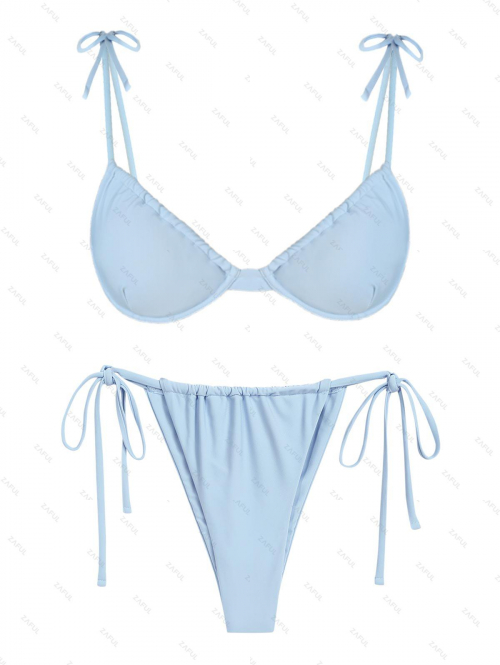 ZAFUL Women's Underwire Tie Shoulder Ruched Solid Color Loincloth Ruched Tie Side Tanga String Swimwear Bikini Set S Light blue